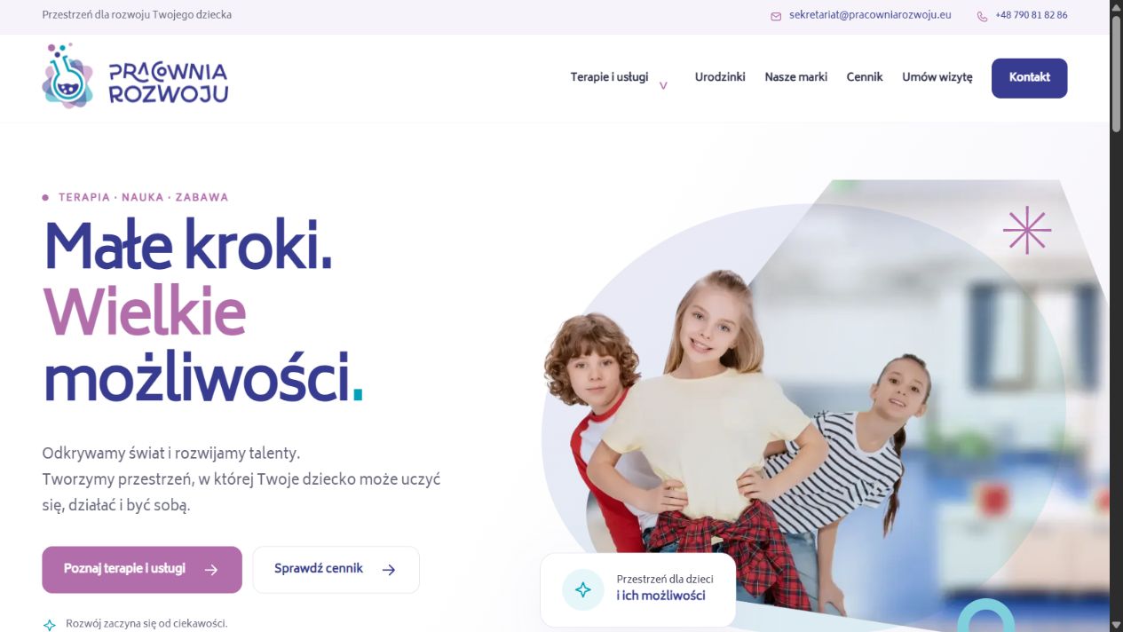 Podgląd projektu strony Pracowni Rozwoju — kolorowa strona terapii i zajęć dla dzieci