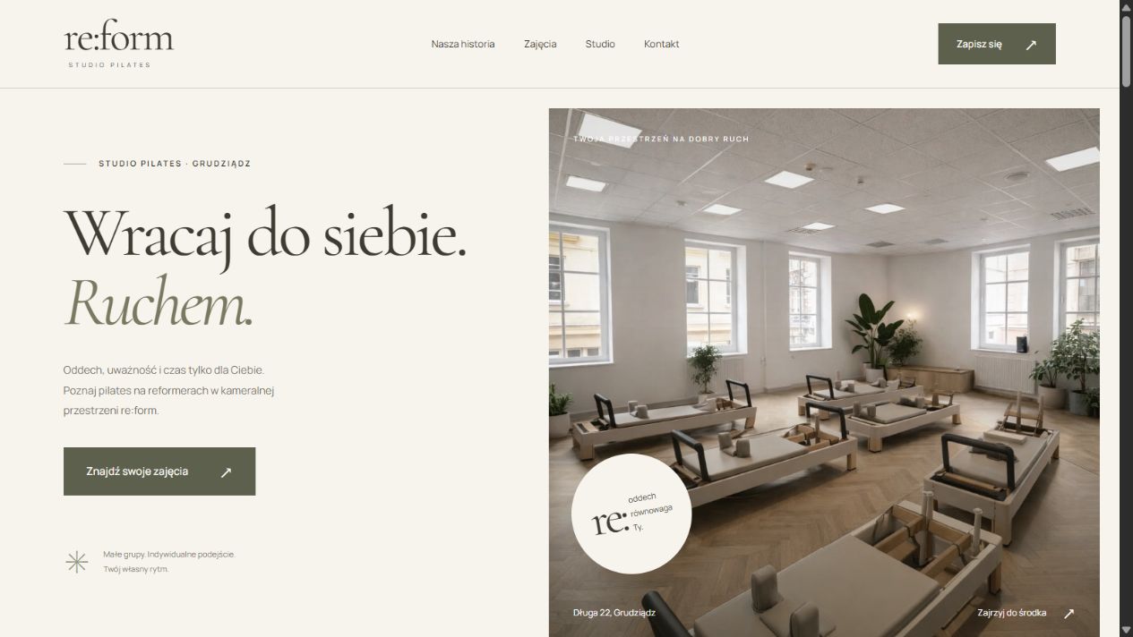 Podgląd projektu strony re:form — jasna strona studia pilates